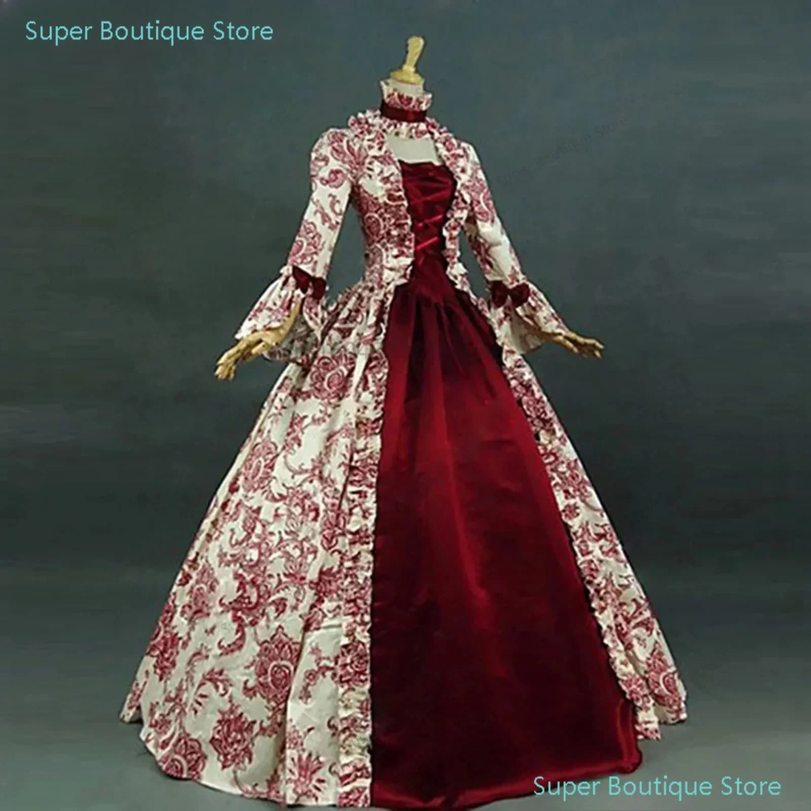 Femmes à lacets robe longue médiévale volants arc Vintage victorien carnaval Maxi Patchwork Floral f
