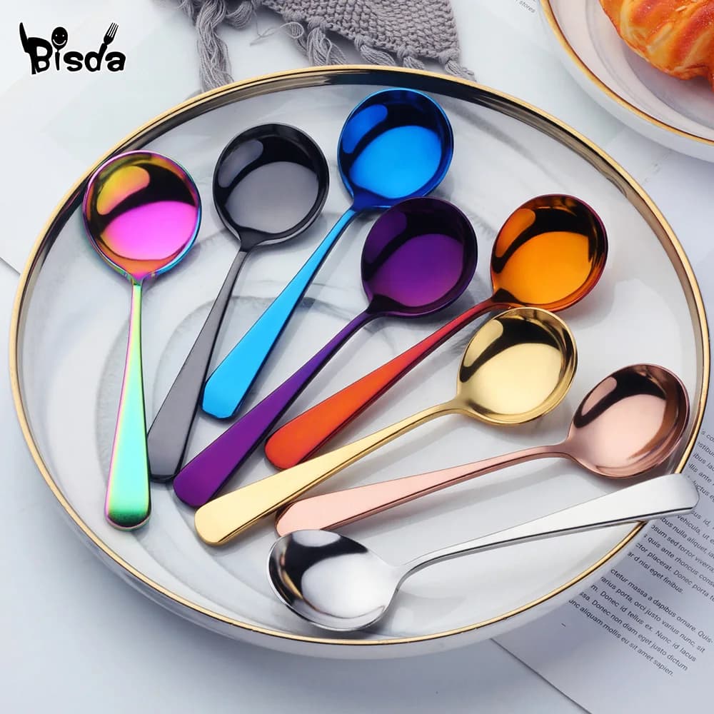 Ensemble de cuillères à soupe rondes en acier inoxydable, cuillère à dessert, cuillère à crème glacé