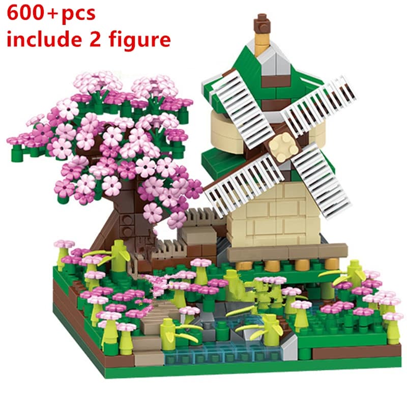 2138 pièces bricolage décoloration fleur de cerisier fleur rose arbre maison Train assemblage blocs 