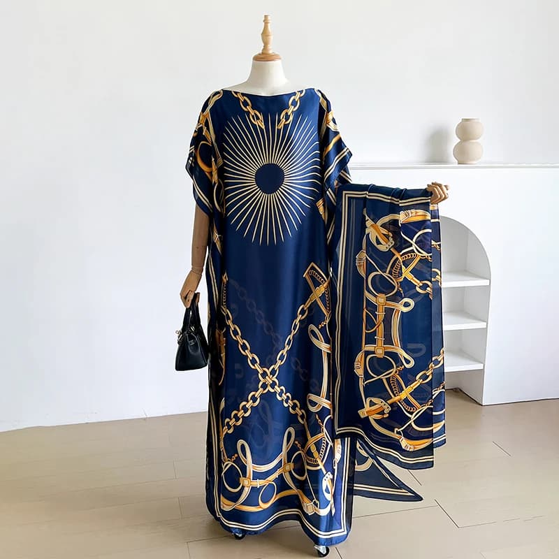 NOUVELLE Robe d'été imprimée tendance avec grande écharpe, Kaftan Dubaï Turquie, Abaya ample musulma