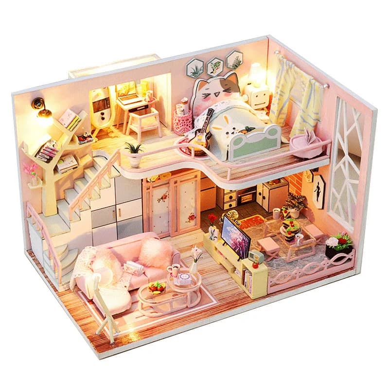 Maison de poupée à monter soi-même avec meubles, boîtier en bois clair, Kits miniatures pour enfants