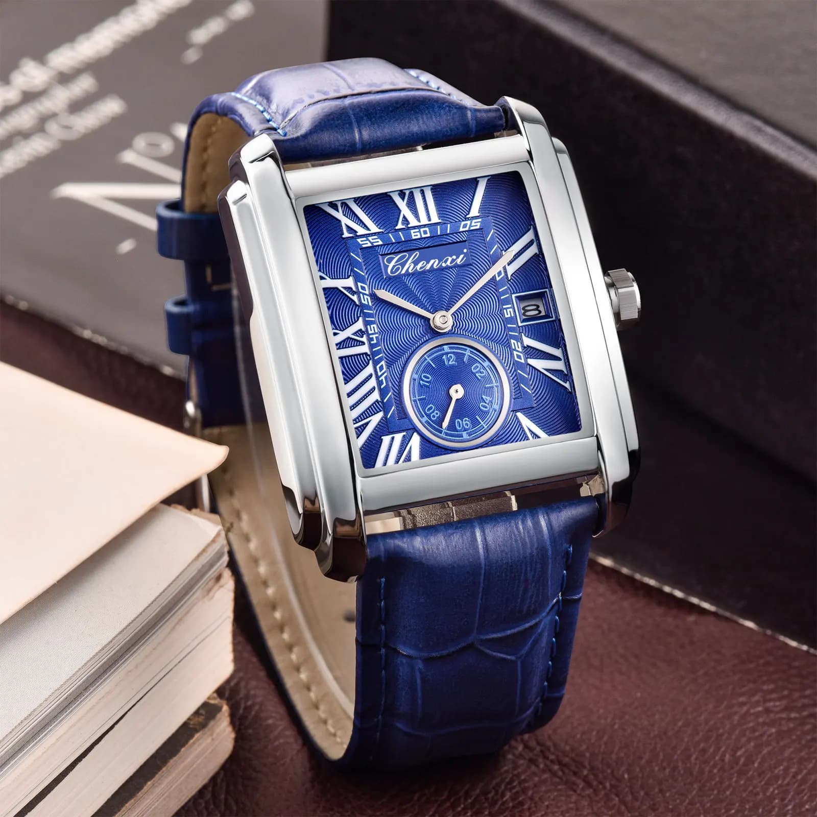 Chenxi-Montre de dehors Rectangulaire en Cuir group pour Homme, Horloge Élégante à Quartz, Étanche, 