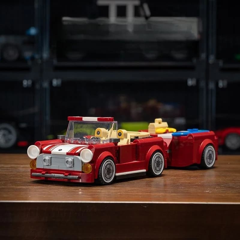 Voiture de construction rétro rouge 2026 avec remorque, modèle de véhicule créatif DIY, décoration d