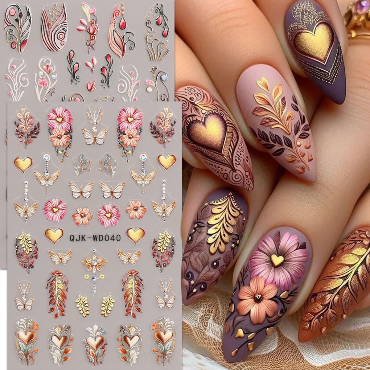 Autocollants pour nail art en relief à motif bohème, thème nostalgique rétro, décoration d'ongles fa