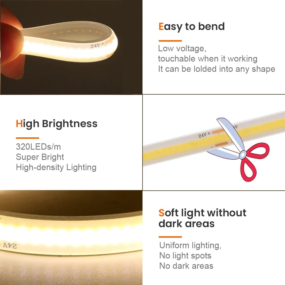 Bande lumineuse LED COB 12V 24V, IP68, étanche, Flexible, 320LED, 5m, 10m, 15m, 0.5m, 1m, éclairage 