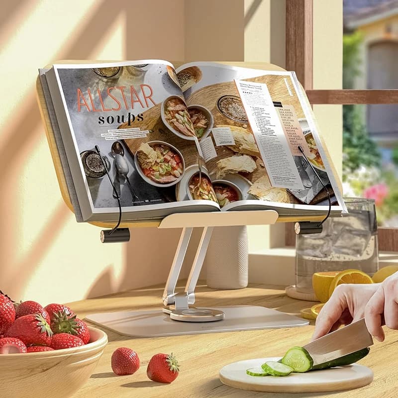 Support de livre de bureau pour lire avec 360 °   Panneau en bois à base rotative et clips de page p