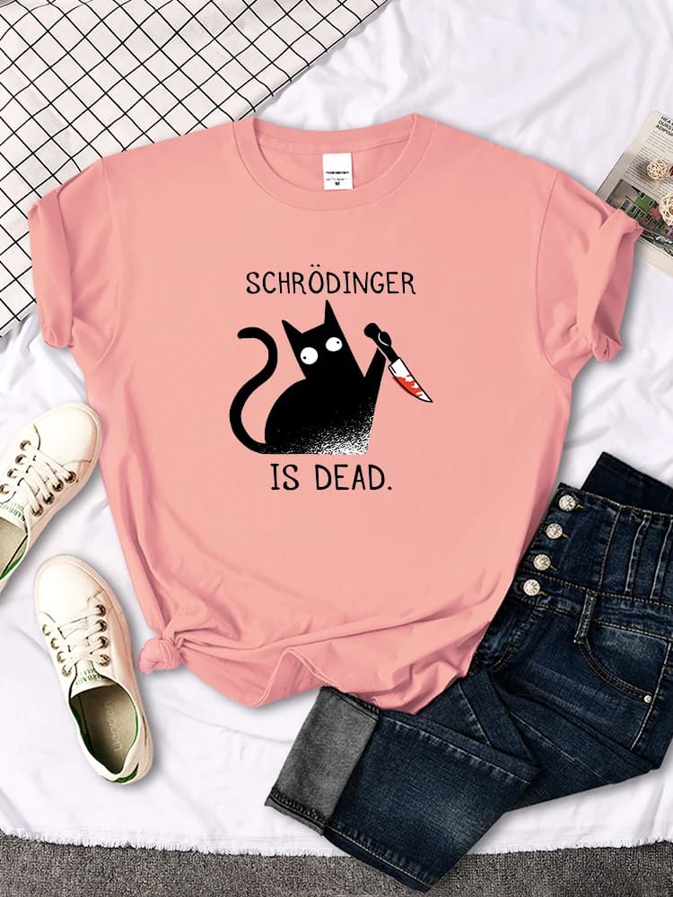 Femmes T-Shirts Schrodinger Is Dead dessin animé chat noir imprimé t-shirt femmes surdimensionné dou