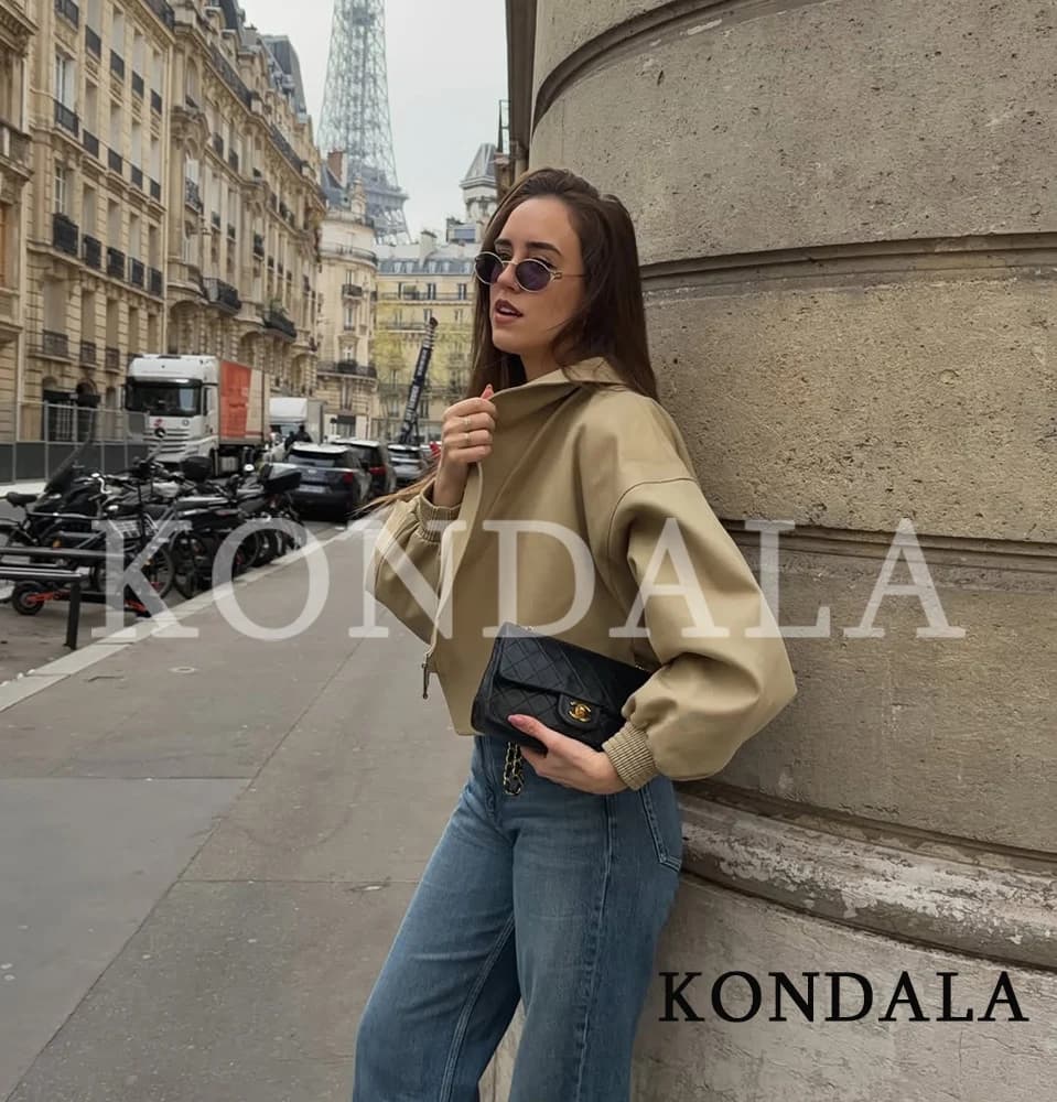 KONDALA Veste Courte Femme Urbaine Chic et Décontractée avec Ceinture, Style High Street, Élégante e