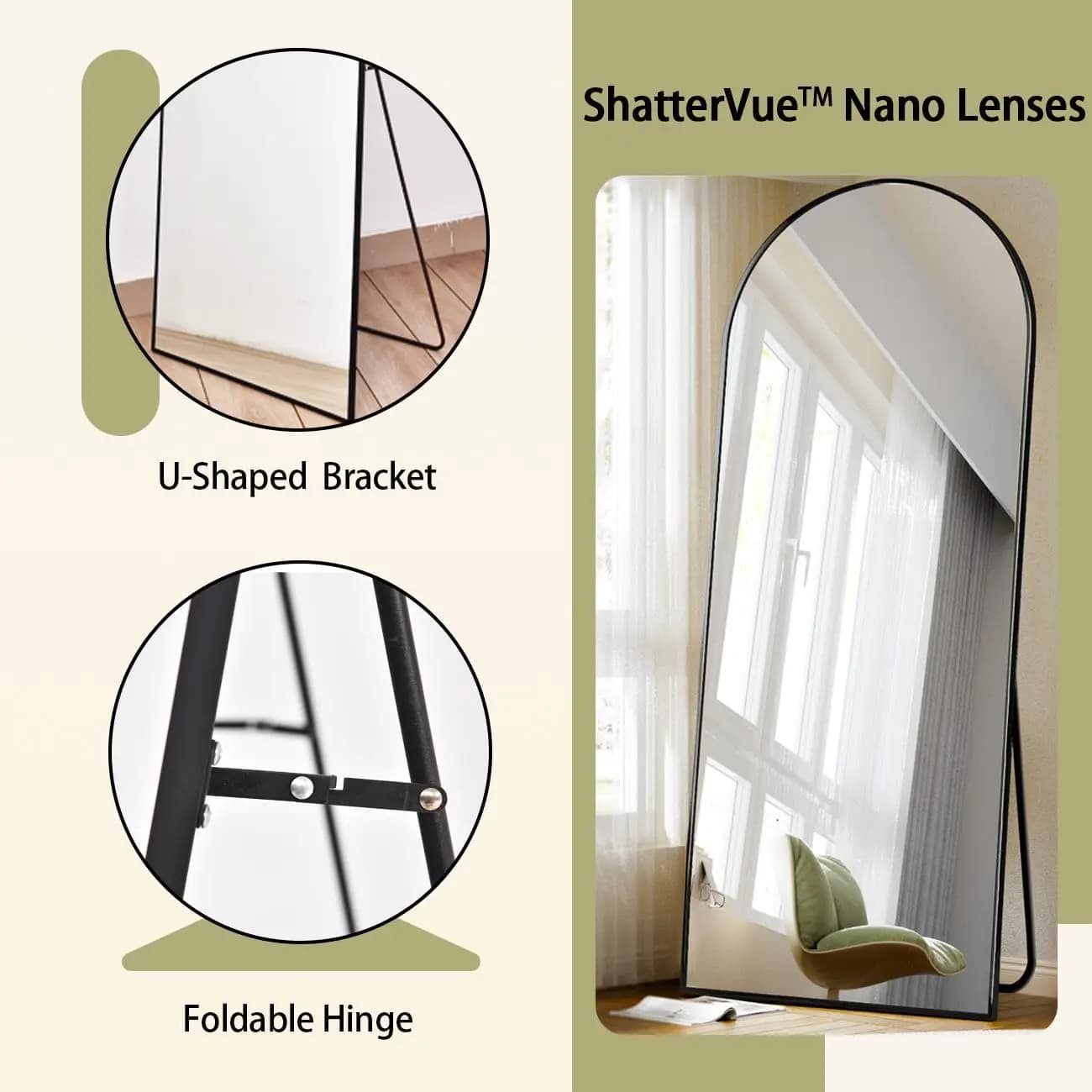 Miroir Mural Book ine Longueur en Arc de 71x26 Pouces, Miroir de Sol avec Support, Miroir Complet en