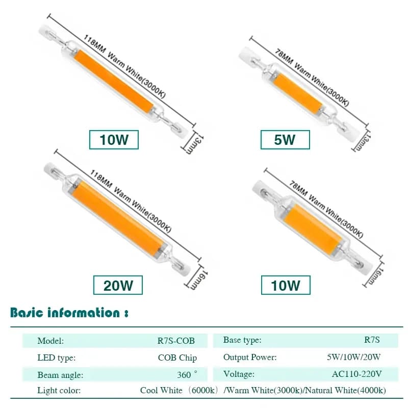 Ampoule LED en Tube de verre COB R7S, 5W 10W 20W 78MM 118MM, lampe épis de maïs AC 110V 220V, haute 