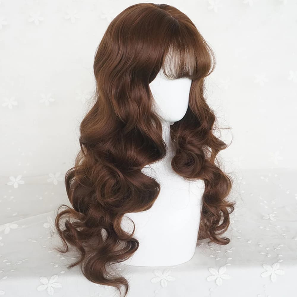Perruque synthétique longue ondulée marron avec frange pour femmes, perruque de Cosplay Lolita moell