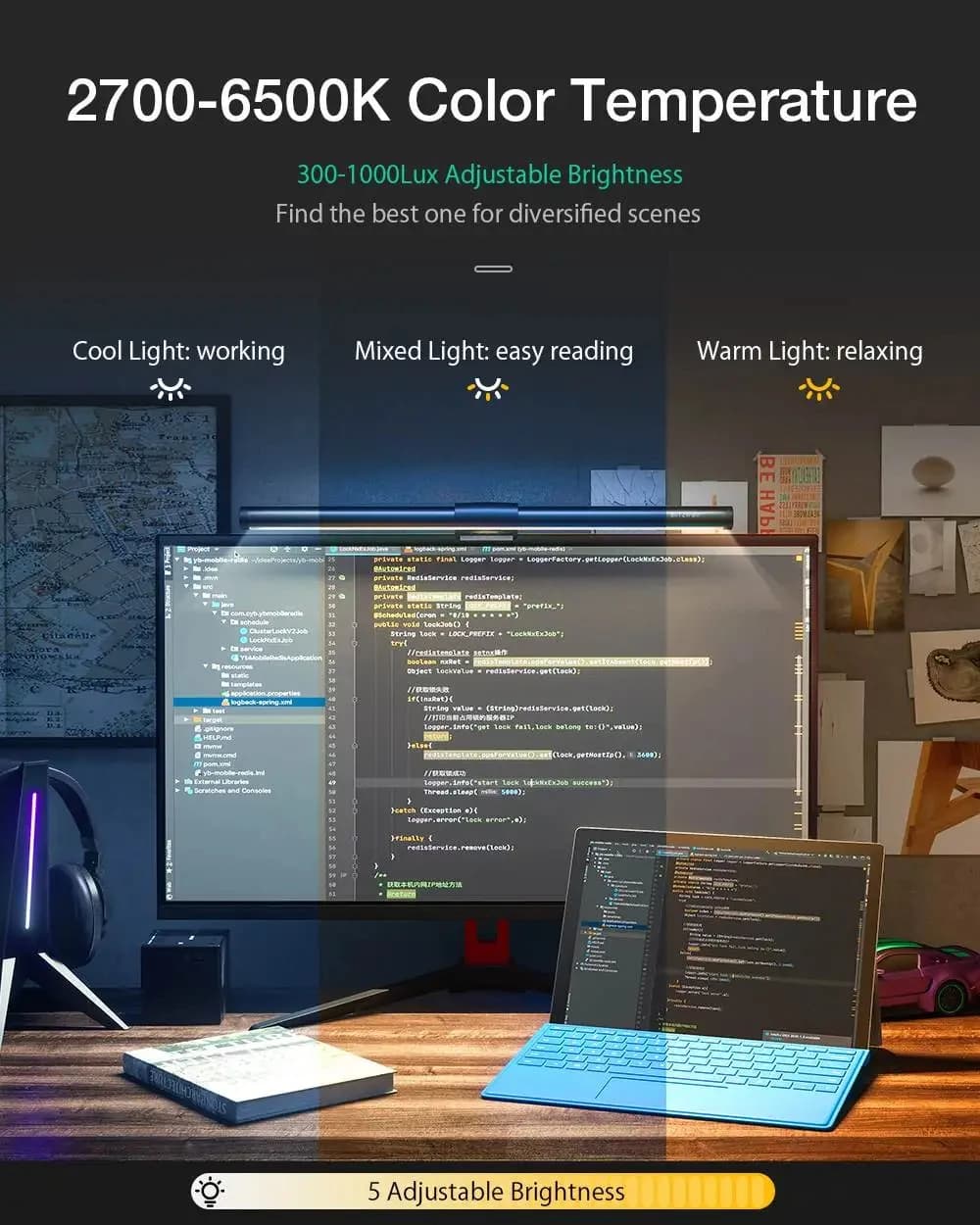 Bande lumineuse LED RVB pour la protection des yeux, lampe de face de lecture d'apprentissage, écran