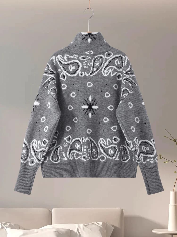 Cardigan en tricot Jacquard à col montant pour femme, ample, fermeture éclair, manches longues, poch