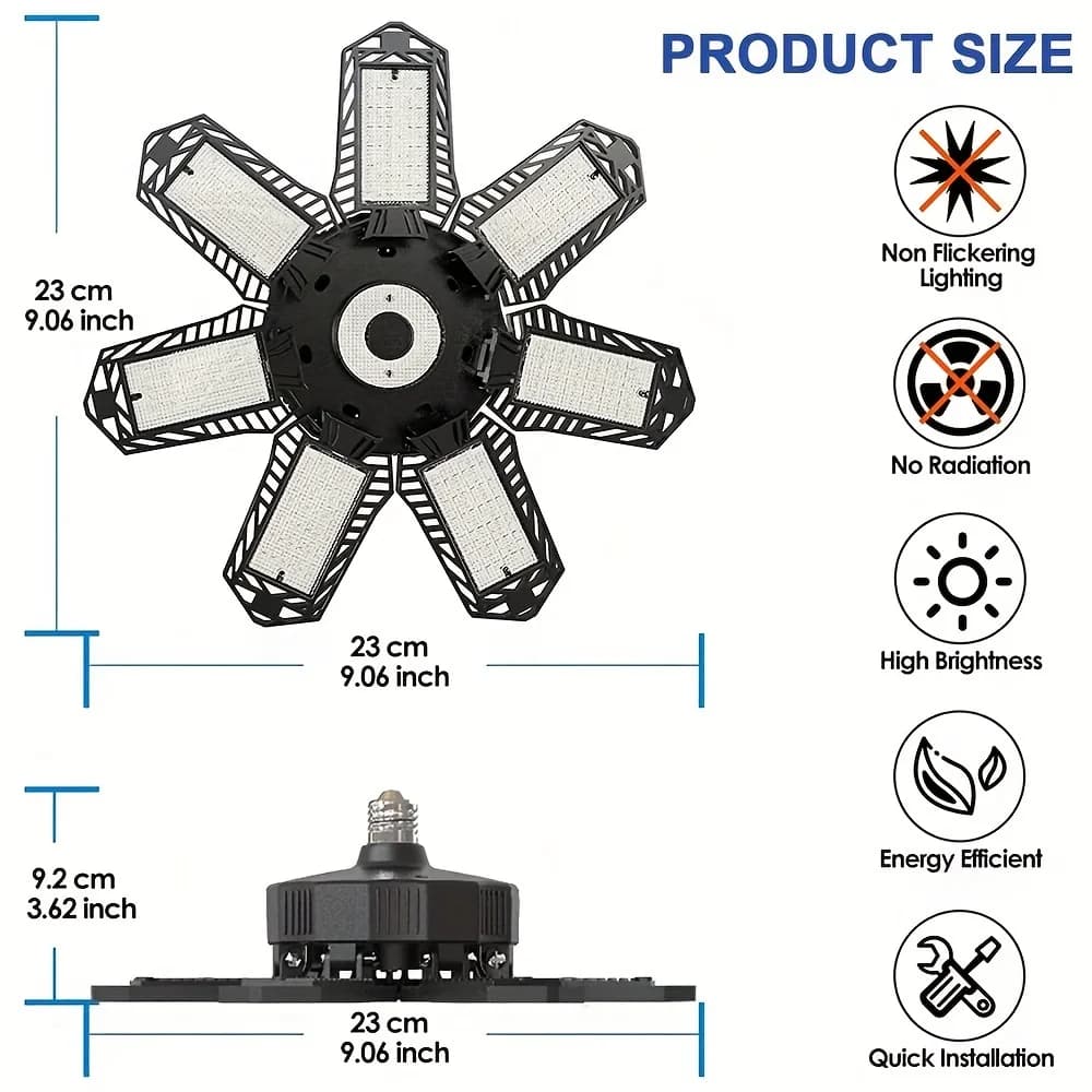 Ampoule LED de garage déformable 1/2 paquet, mini 7+1 panneaux réglables E26/E27, éclairage de plafo