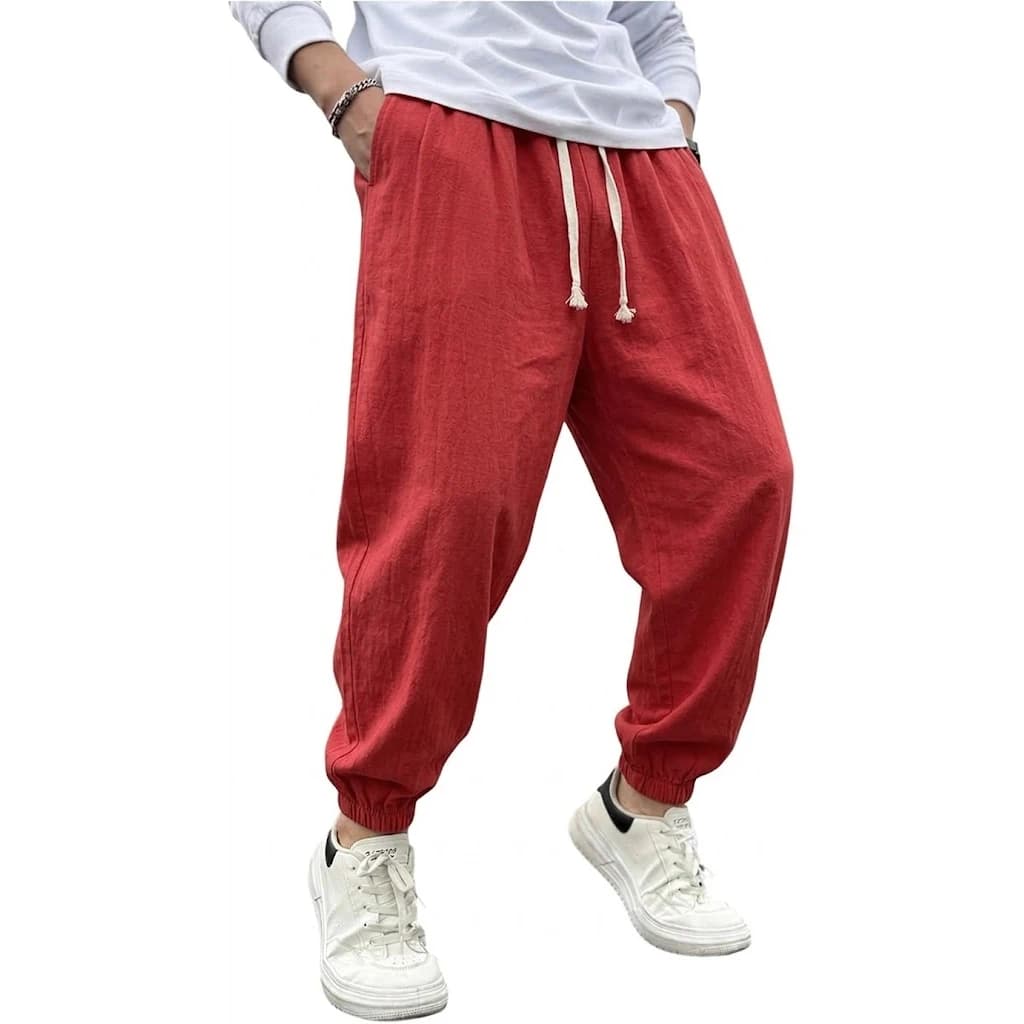 Pantalon Harem en Coton et Lin pour Homme – Couleur Unie, Style Sport Décontracté, Idéal Yoga, Joggi