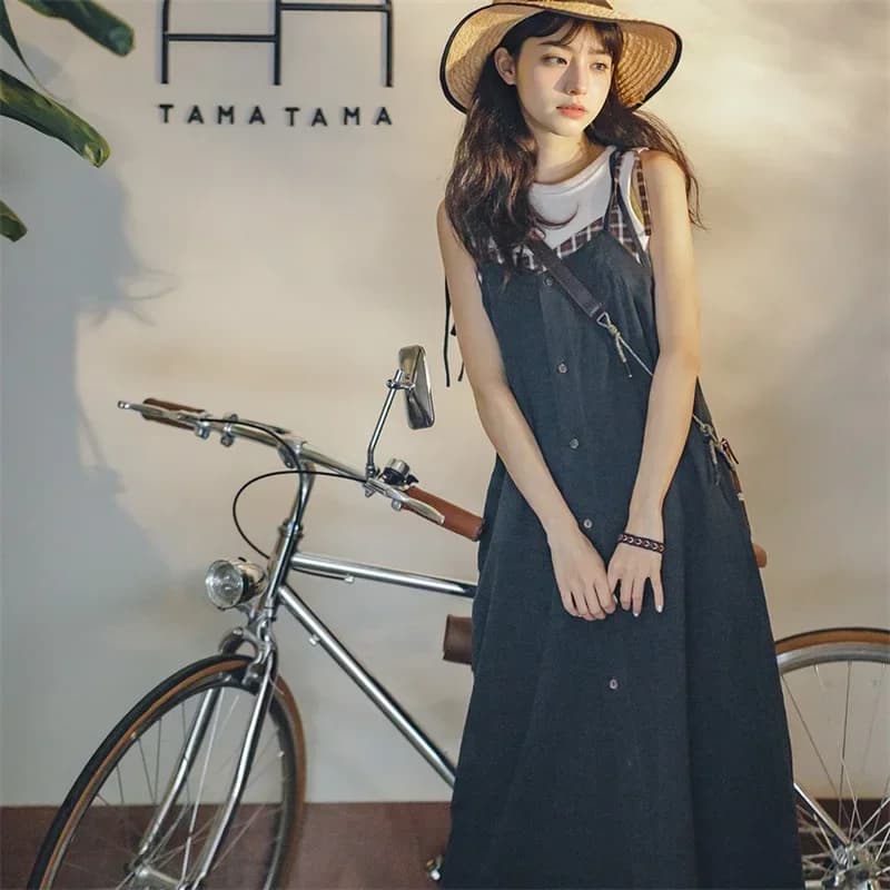Maden-Robe à bretelles spaghetti à surpiqûres vintage japonaises pour femmes, robe longue sans manch