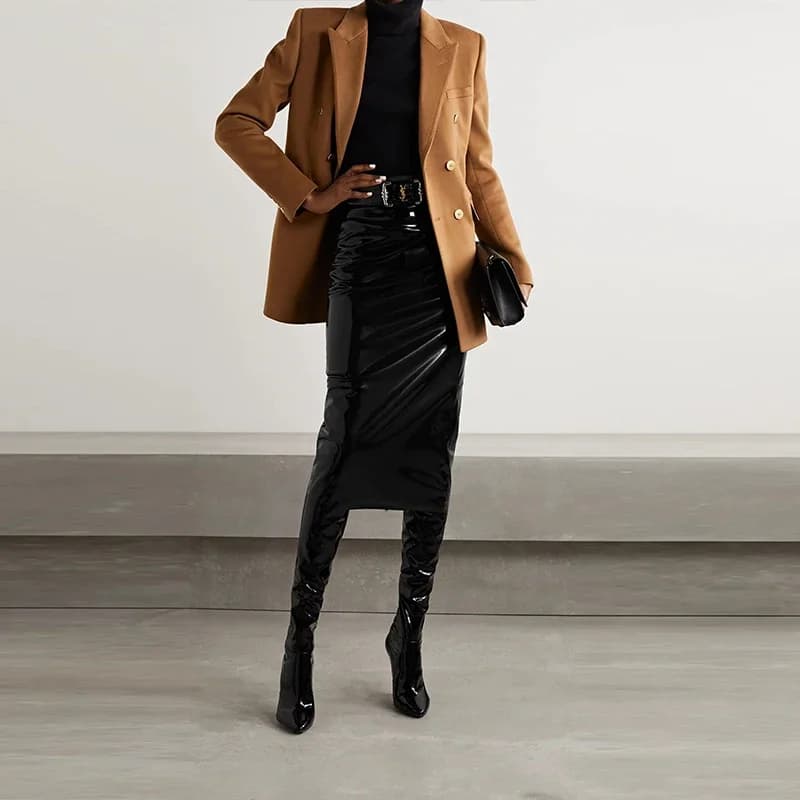 Jupe Misi en Faux Latex pour femmes, taille haute, en cuir verni brillant, crayon, fermeture éclair,