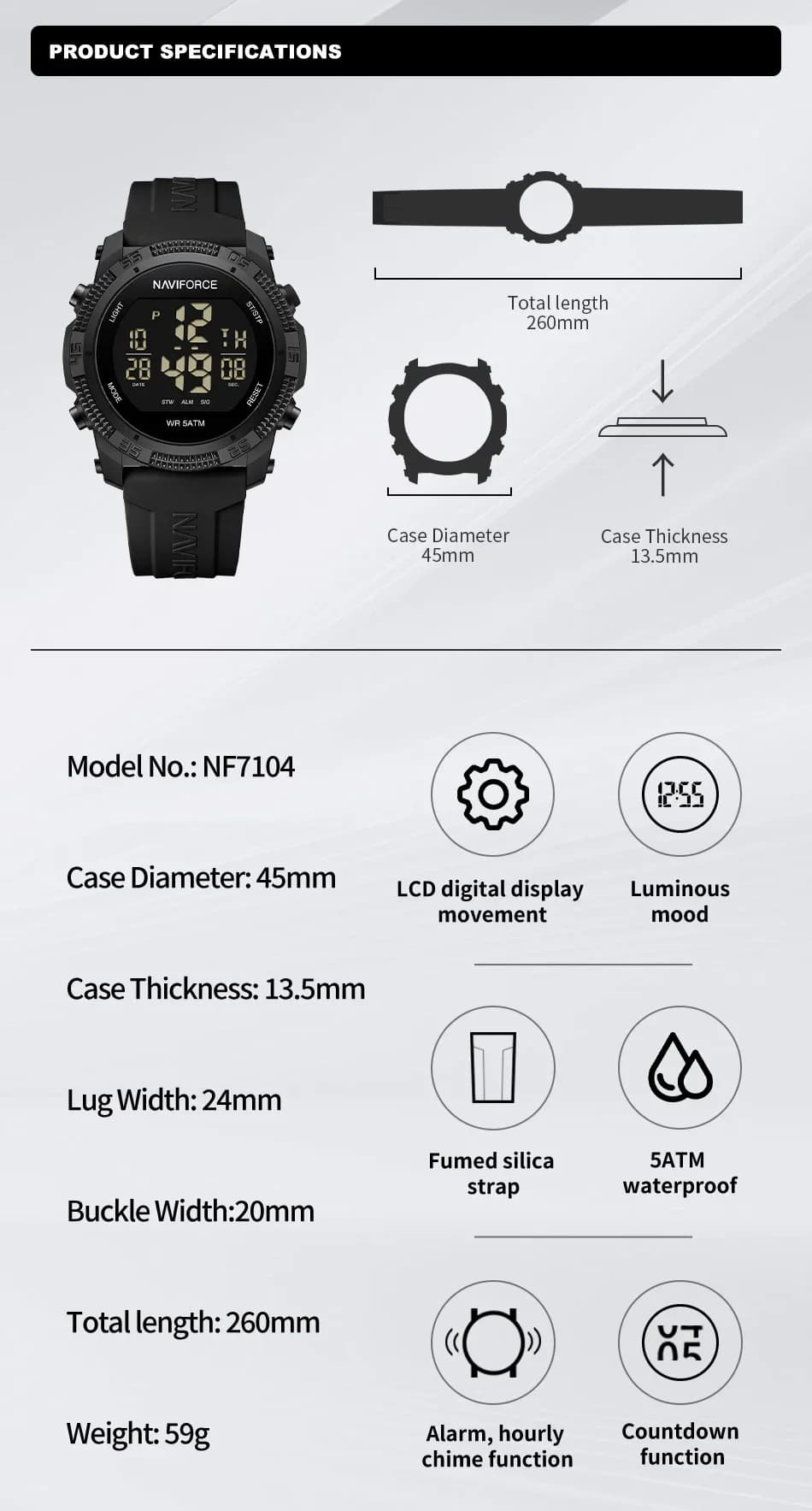 NAVIFORCE NF7104 Montre électronique numérique LCD décontractée avec alarme de date et de semaine po