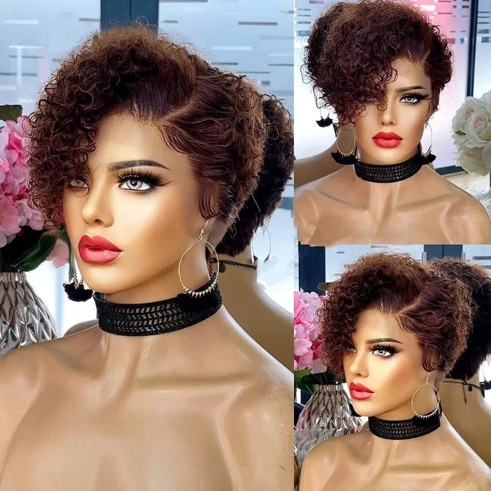 Perruque Bob courte coupe lutin perruque cheveux humains bouclés perruques pour femmes 13x6x1 dentel
