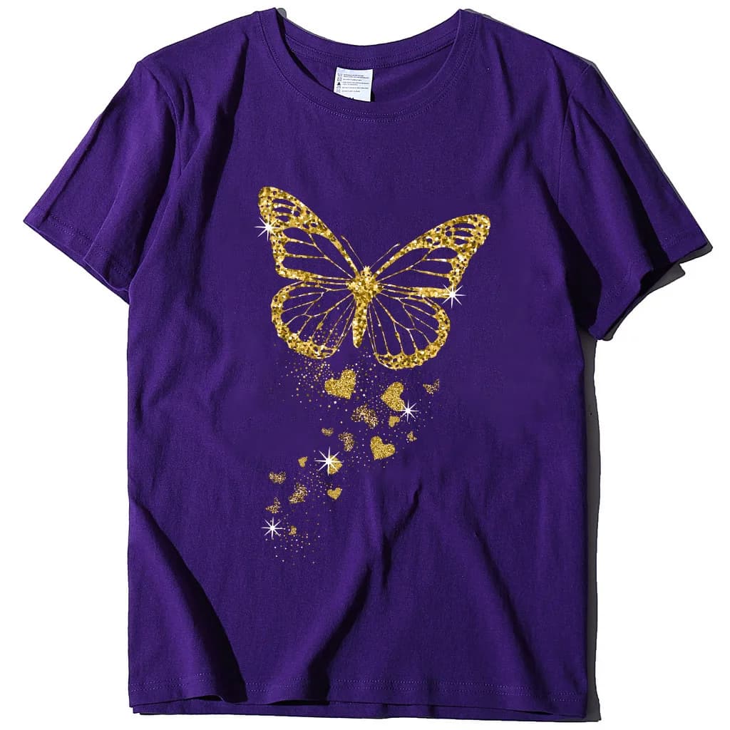 Papillon doré imprimé femmes t-shirt à manches courtes col rond femmes t-shirt dames t-shirt hauts v