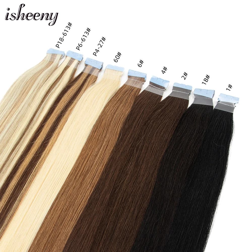 Isheeny-Extensions de Cheveux Humains Remy, Bande Adhésive, Noir Naturel, Marron, Blond, 12 à 24 Pou