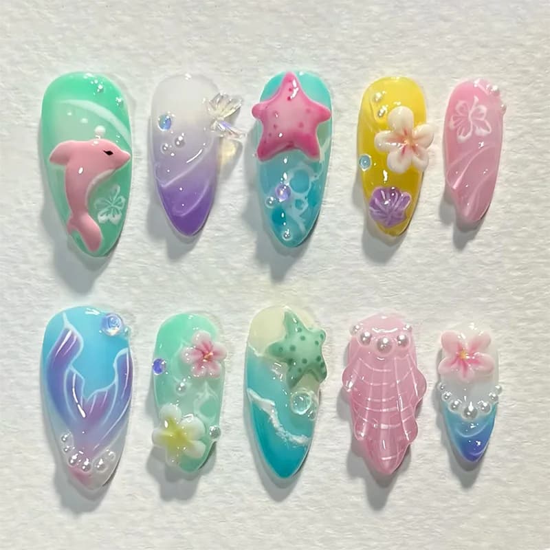 Faux ongles colorés d'été en amande, 24 pièces, avec fleurs 3D, peintures de plage, à pression, couv