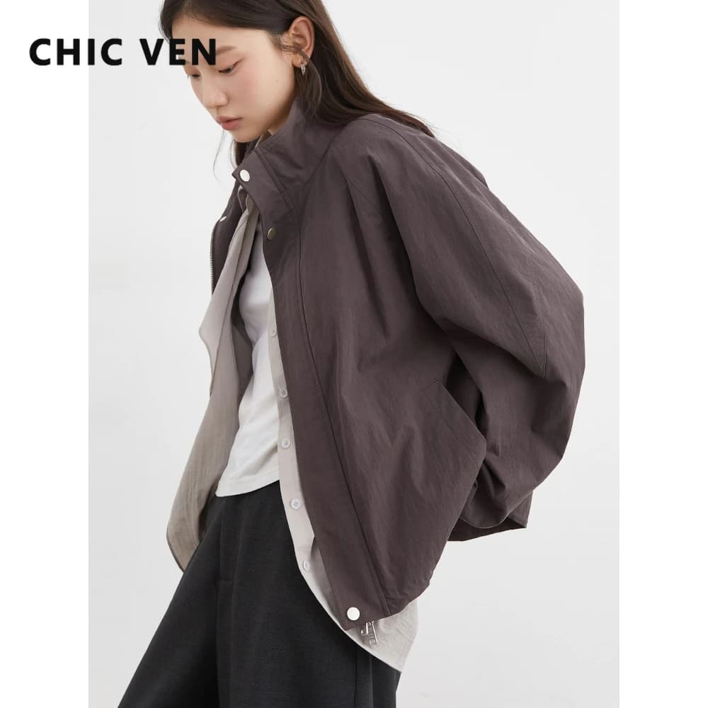 CHIC VEN Blouson court pour femme, style coréen, uni, décontracté, coupe ample, col montant, avec co