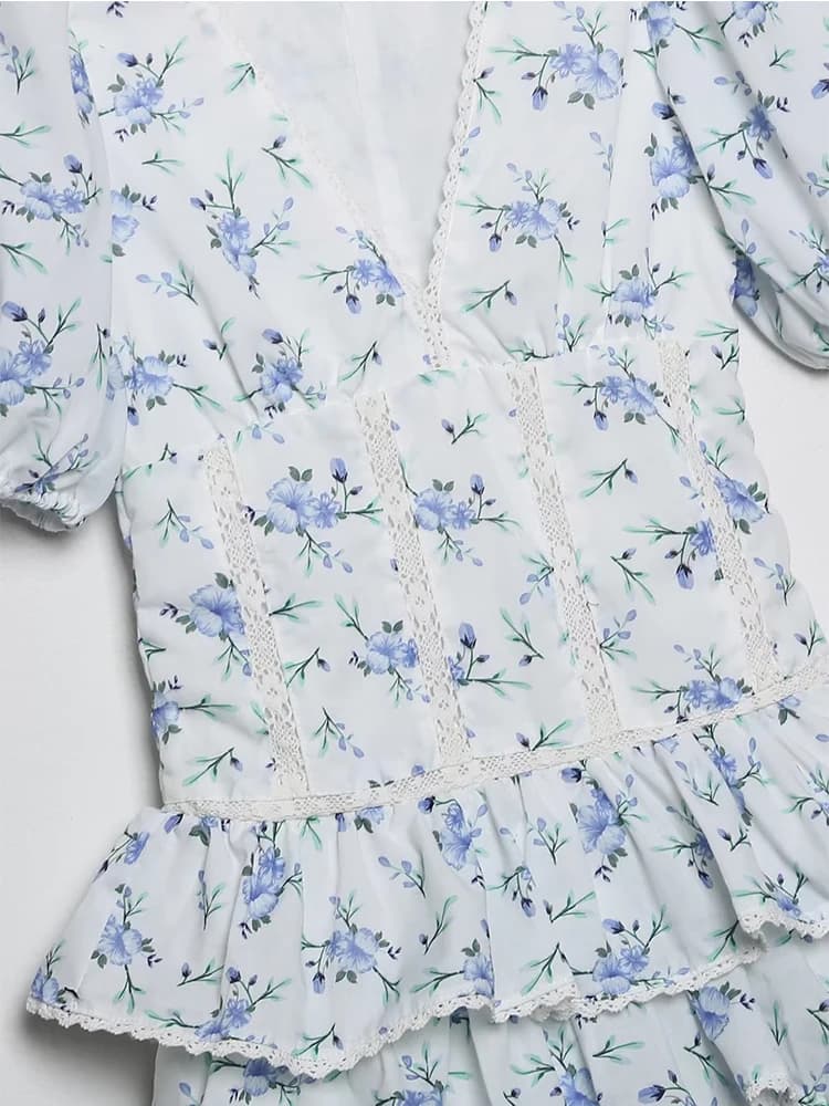 YENKYE-Mini robe à volants en dentelle pour femmes, imprimé floral, manches bouffantes vintage, garn