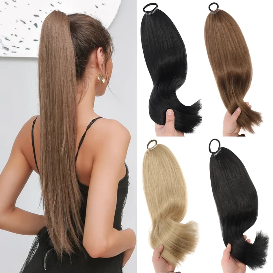 Queue de Cheval Synthétique Longue et Droite Ultraviolette, Bandeau, Corde artificiel astique, 18 Po