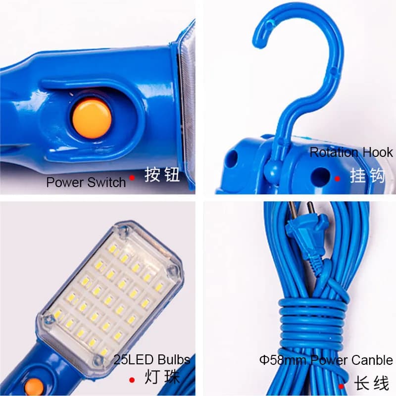 Lampe de travail portable 20W 25 LED pour atelier, éclairage de garage 220V, lampe d'inspection magn
