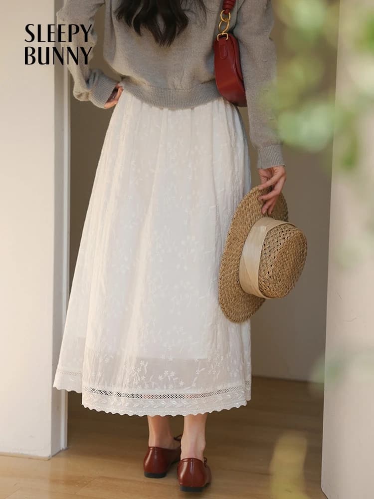 Jupe mi-longue trapèze blanche de Style français pour femmes, taille haute, fluide, Slim, élégante, 