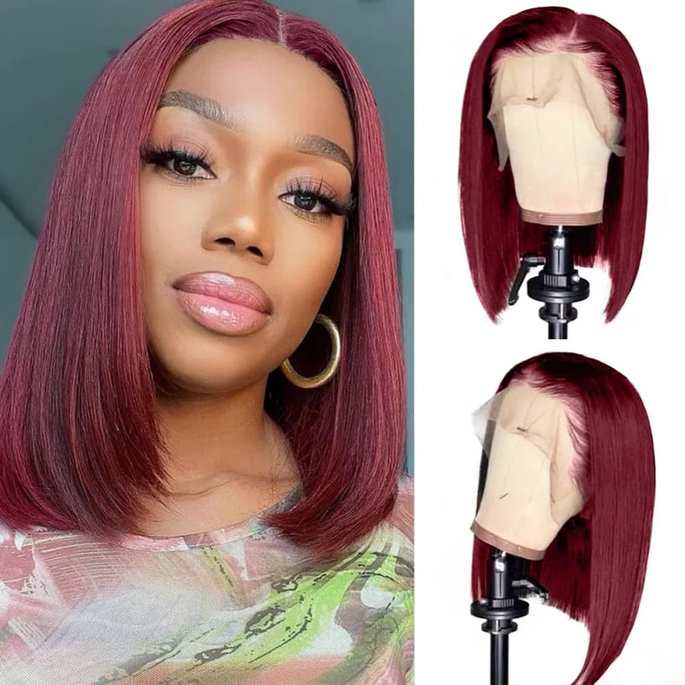 Perruques bob droites bordeaux 99J, prêtes à porter, sans colle, perruques en cheveux humains avec d