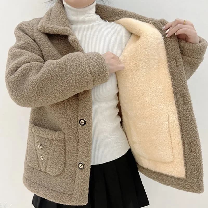 Manteau en fourrure d'agneau à simple boutonnage pour femme, veste décontractée pour femme, poche à 
