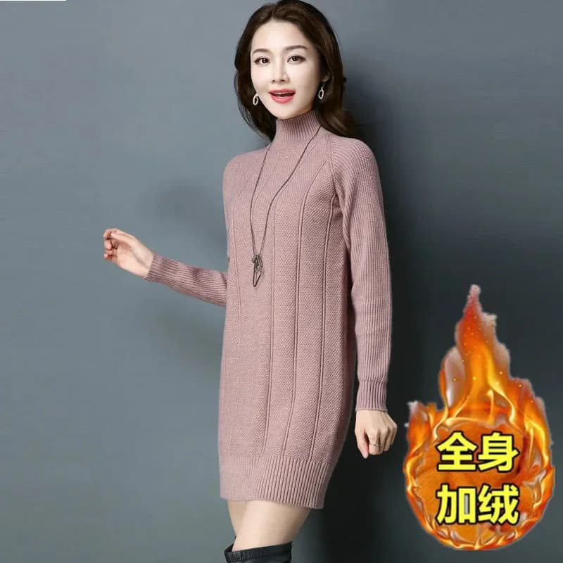 Robe pull en velours élastique mi-haute pour femme, pull long, chaud, épais, automne, hiver