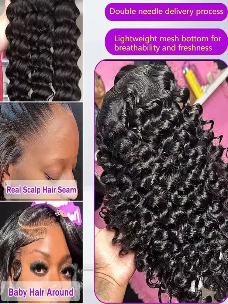 Perruque Lace Frontal Wig naturelle bouclée, cheveux humains, Deep Wave, 40 pouces, 13x6, 13x4, HD, 