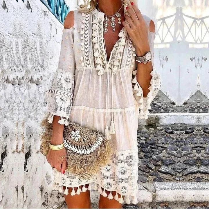 Mini robe en dentelle style bohème pour femmes, col en V, manches longues, courte, gland, adt décont