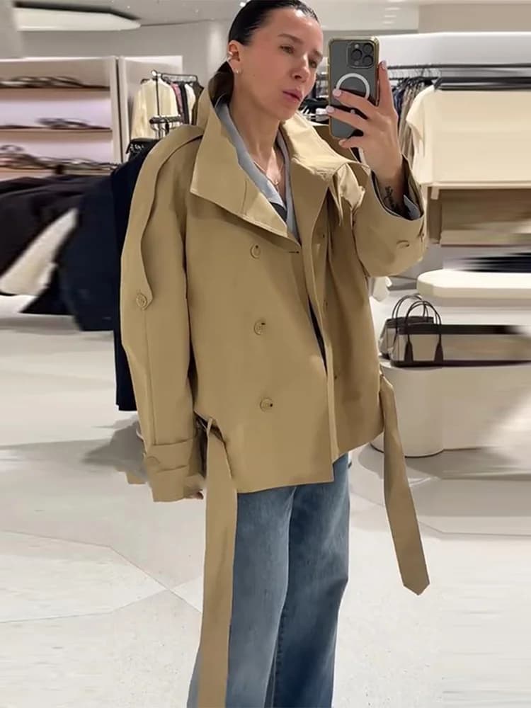 Élégant Trench-coat Femme à Col Montant, Double Boutonnage, Lacets, Manches Longues, Coupe-Vent, Nou