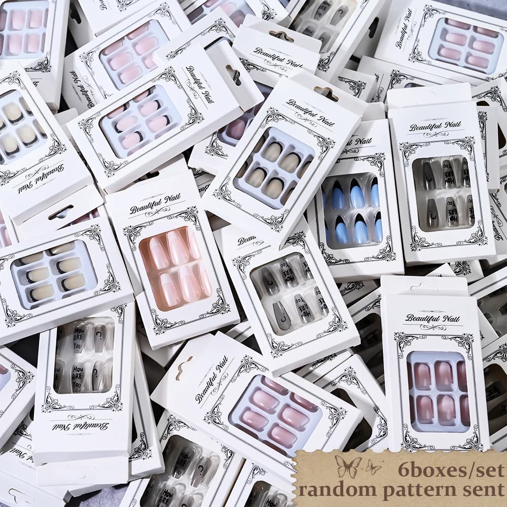 6 boîtes/144 pièces mélange aléatoire Style court rond presse sur ongles doux couverture complète dé