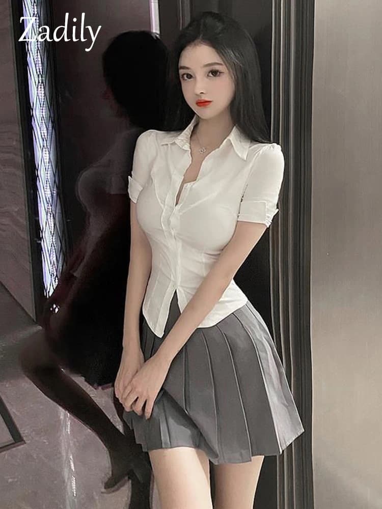 Zadily femmes coupe ajustée chemise blanche Style coréen à manches courtes Sexy bureau Blouse été 20