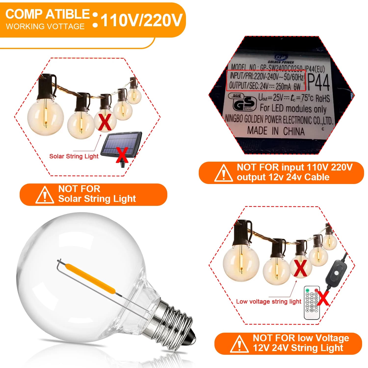 Guirlande lumineuse Led Vintage G40, ampoule de remplacement, 1W, Globe incassable en plastique, Min