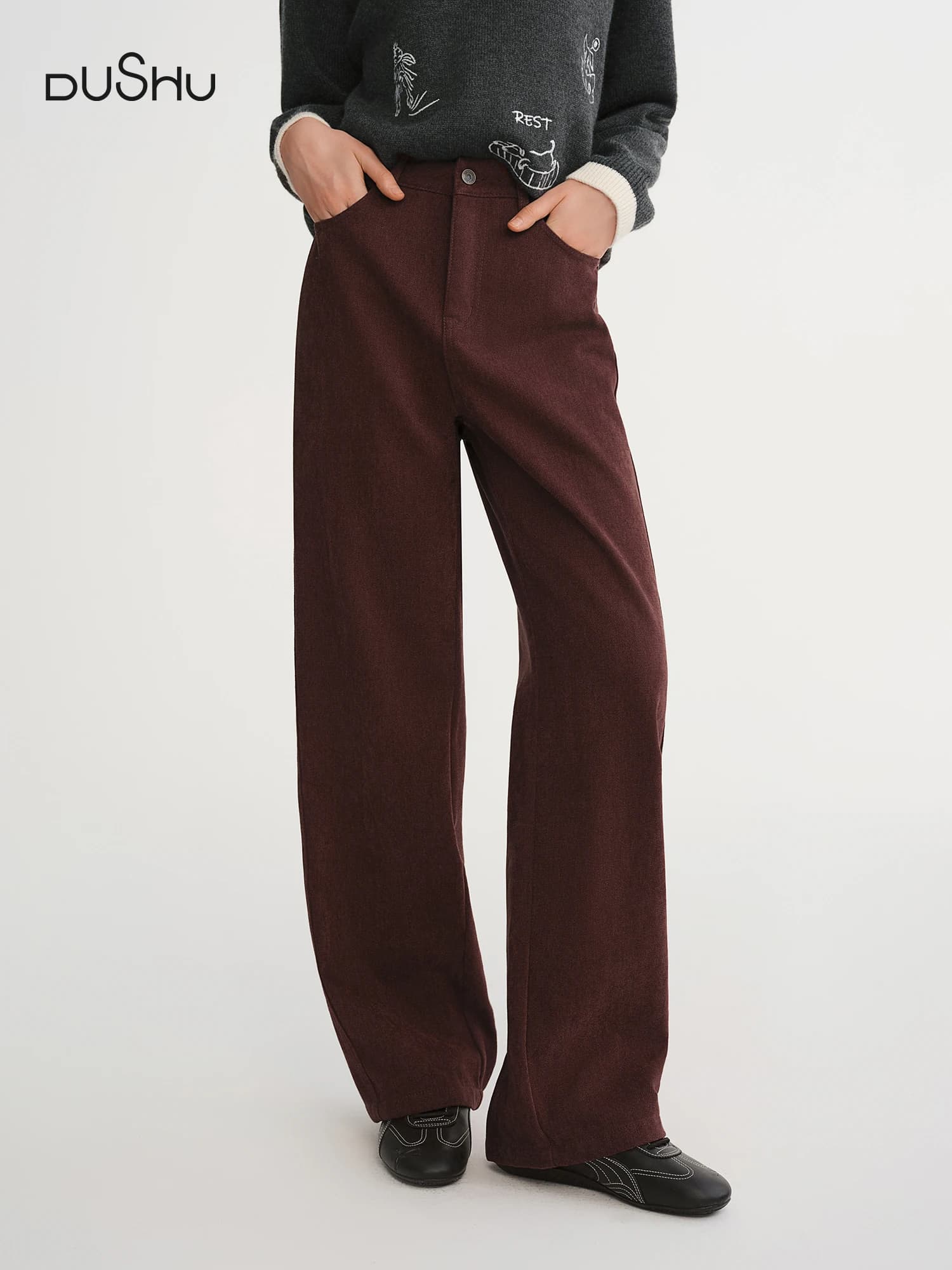 DUSHU 2025 Pantalon droit taille haute à jambes larges pour femme - Pantalon décontracté de bureau a