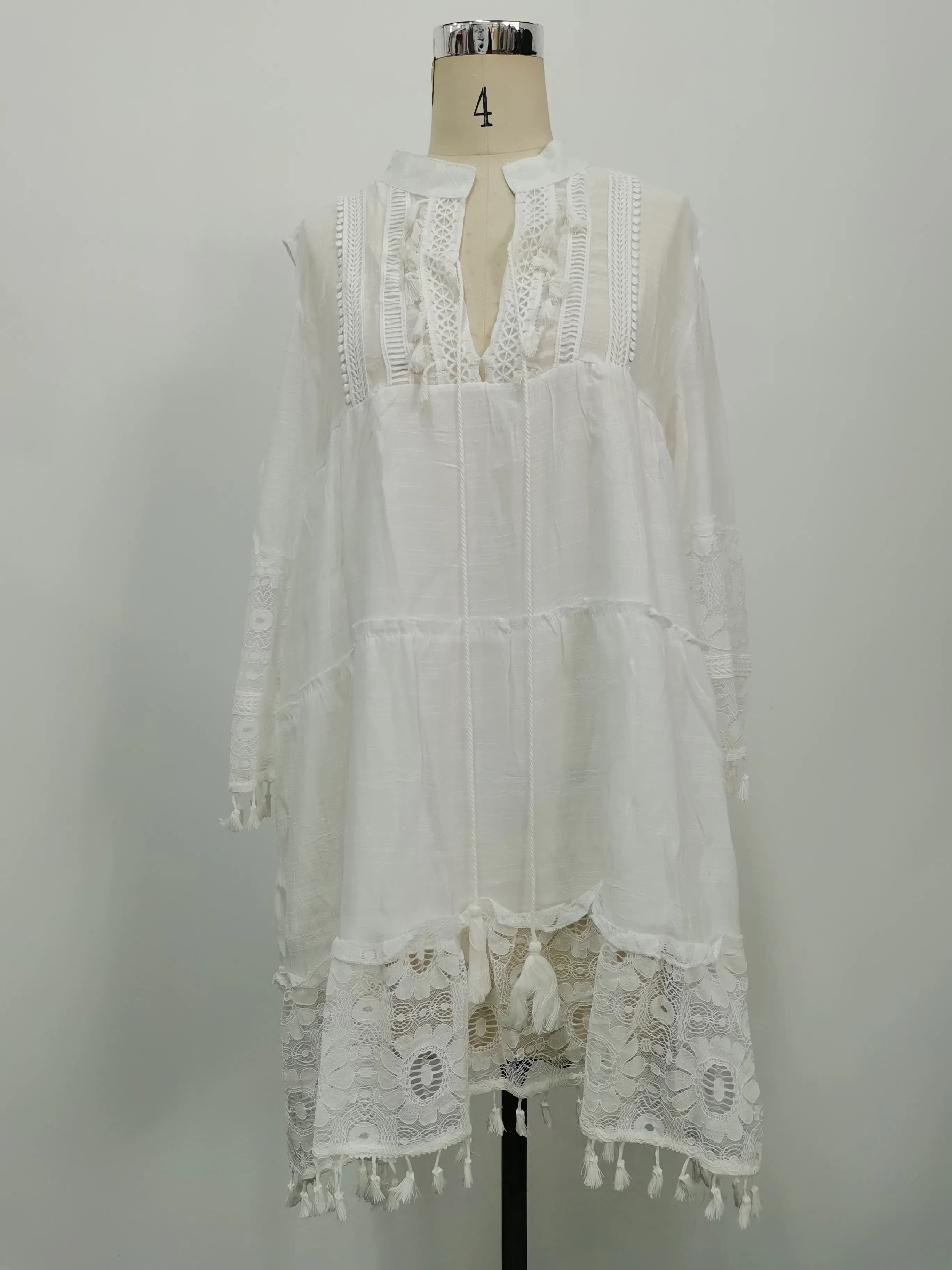 Mini robe en dentelle style bohème pour femmes, col en V, manches longues, courte, gland, adt décont