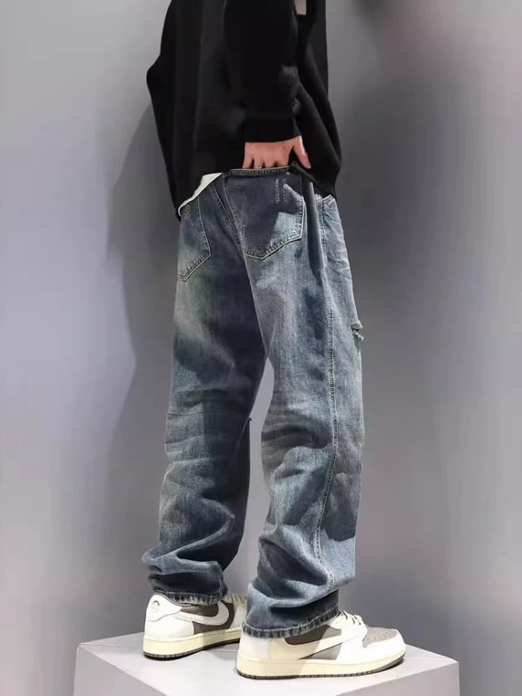 Nouveaux hommes déchiré jean Baggy droit mode Vintage bleu Denim pantalon personnalité Streetwear Hi