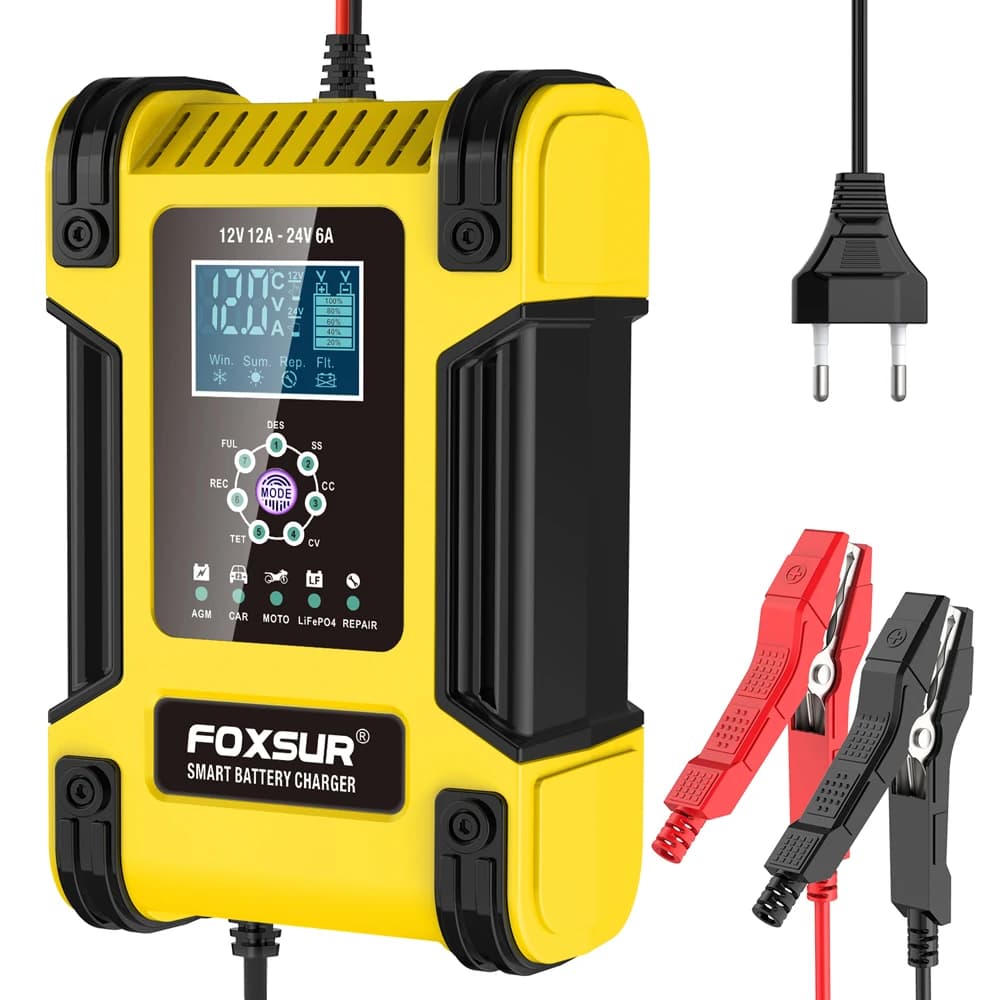 Foxsur chargeur de batterie de voiture entièrement automatique 12V 12A chargeur de batterie à affich