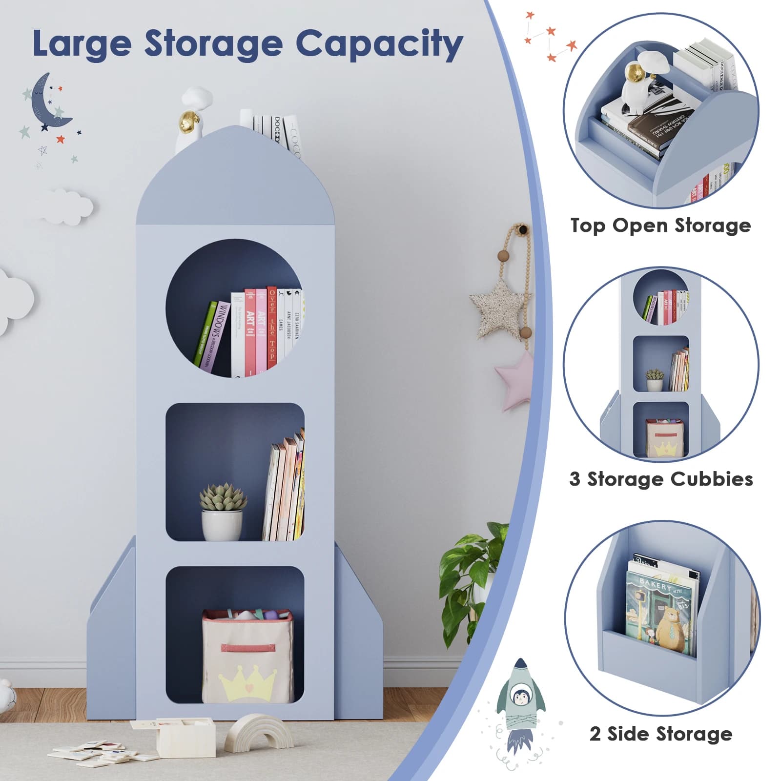 Étagère à livres pour bébé Rocket à 3 niveaux, bibliothèque ouverte en bois pour tout-petits, biblio