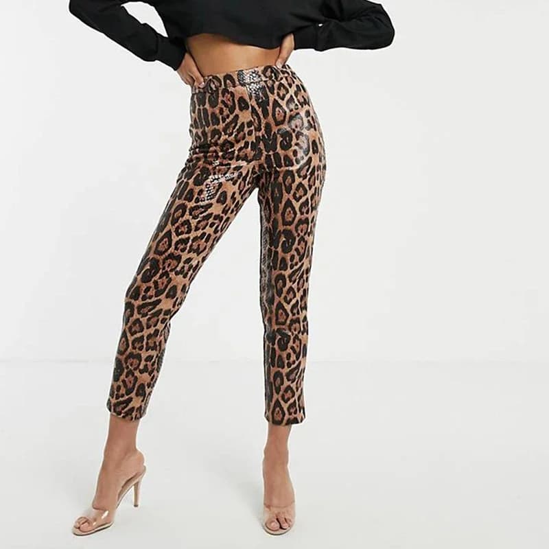 Leggings en similicuir PU imprimé léopard pour femmes, collants extensibles vintage, taille haute, s
