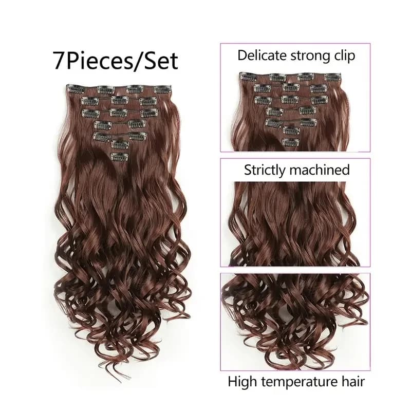 Extensions capillaires synthétiques à clips, 7 pièces, tête complète de 22 pouces, longues, bouclées