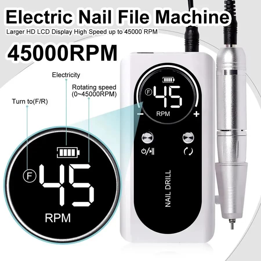 Perceuse à ongles électrique Portable professionnelle 45000 tr/min, lime de ponceuse à ongles Rechar