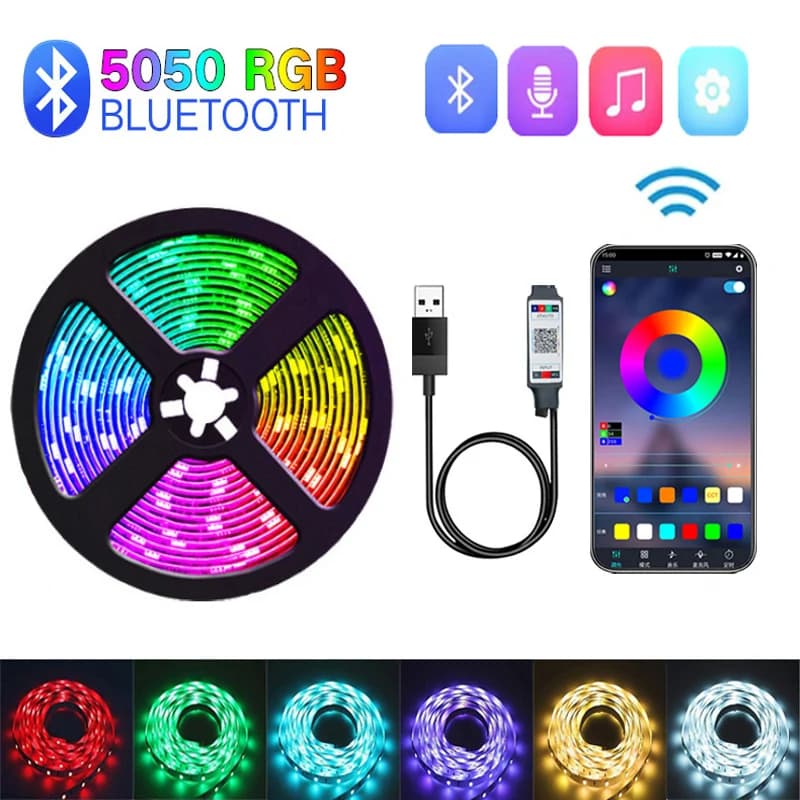 Bande lumineuse flexible à LED avec Bluetooth, lampe, ruban, diode, rétroéclairage TV, USB, RVB, 505