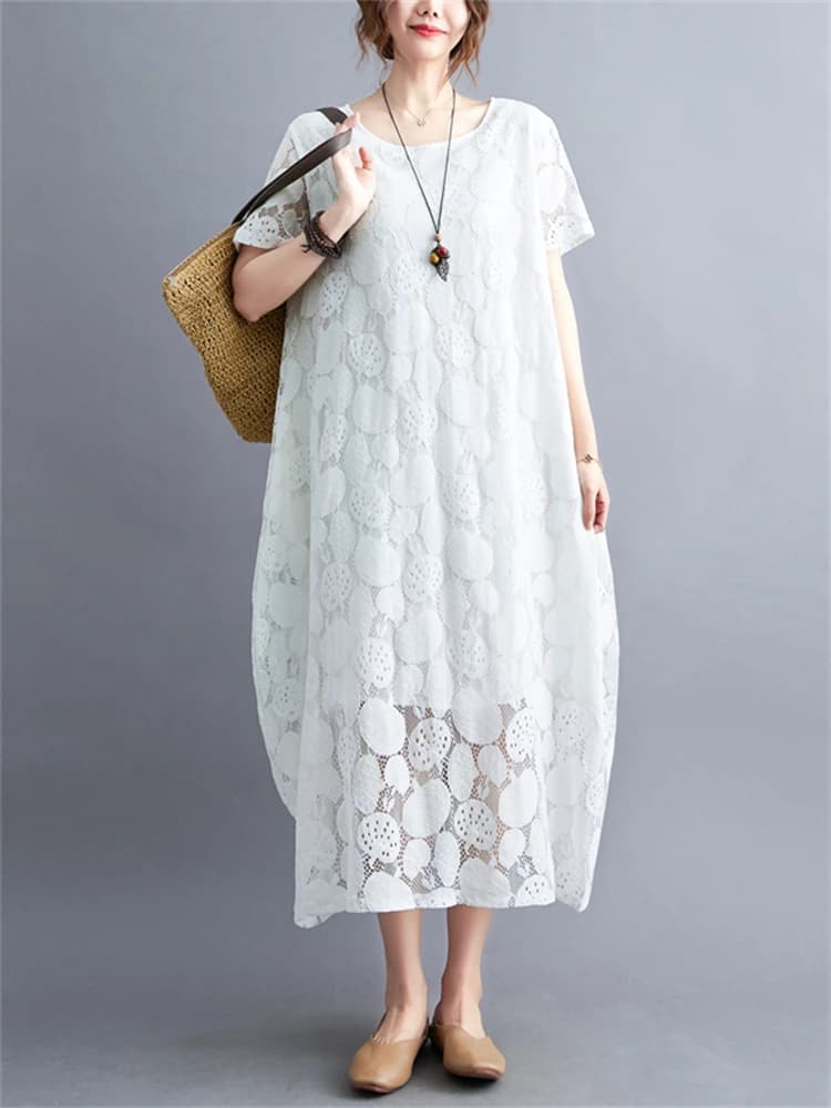 Robes d'été vintage à manches courtes et col rond en dentelle pour femmes 2026 – Nouvelle collection